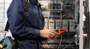 a commercial electrician from Altech Electric working on a client's electrical system